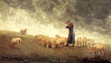 ウィンスロー・ホーマー Painting - 羊の世話をする羊飼い リアリズム画家 ウィンスロー・ホーマー